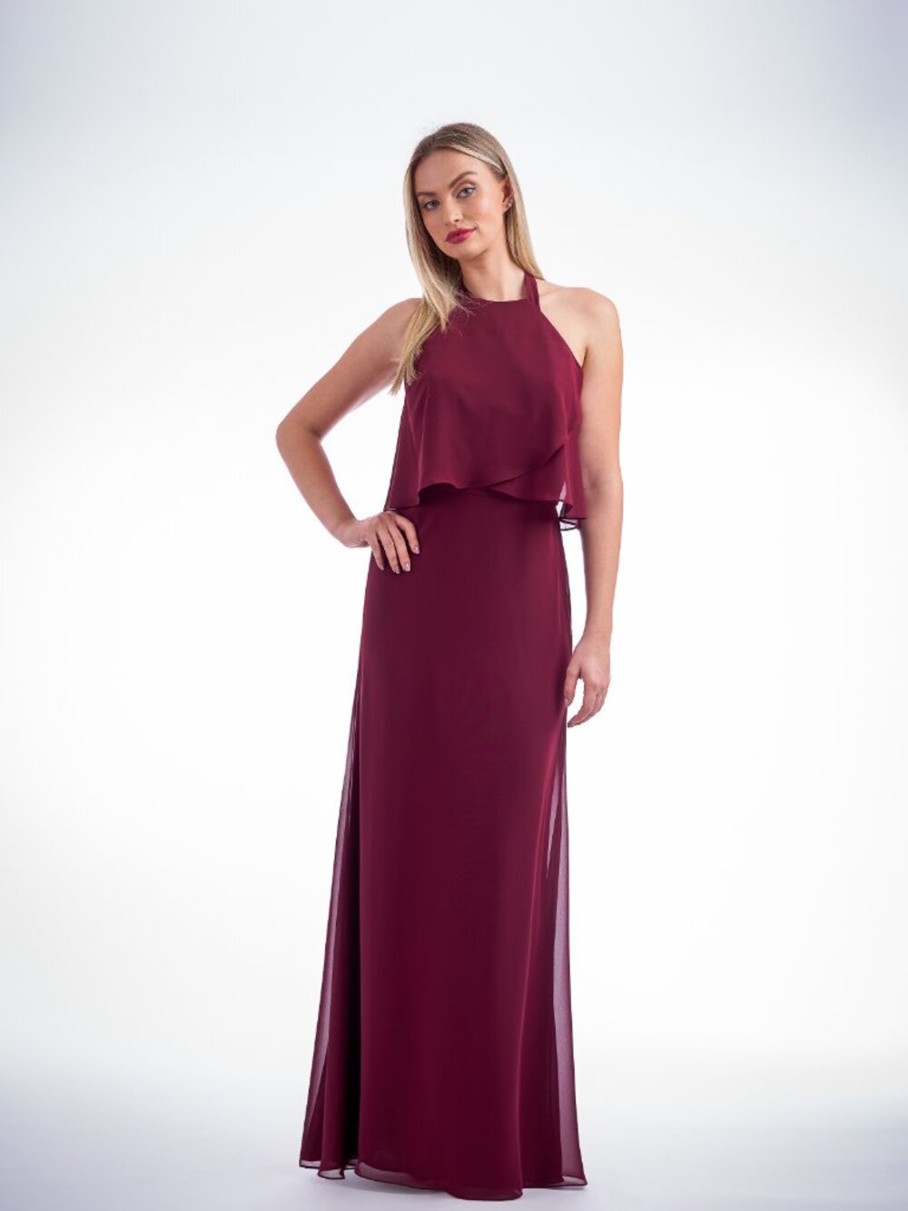 Burgundy Chiffon Halter Maxi Dress Boho Ruffle Overlay Bow Tie B2 Jasmine